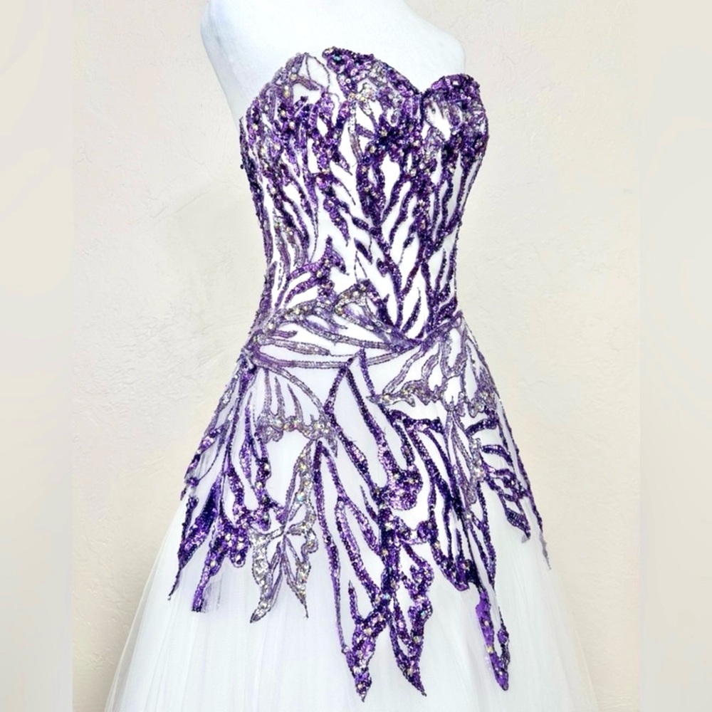 NWT Tiffany Designs 61113 Butterfly Beaded Sequin White Ivory Purple Dress 6 - Picture 6 of 15
